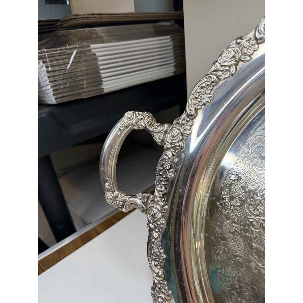 Vintage XL Silver Plate Serving Platter Tray Rose Designs Engraved 15x20 Big - Picture 5 of 7